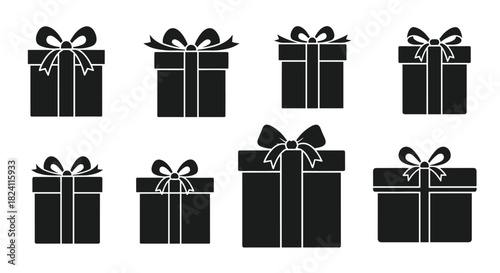 A collection of various black silhouette gift boxes with different ribbon and bow designs, ideal for celebration, holiday, and shopping themes.