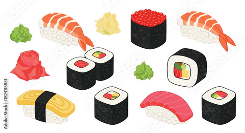 A diverse collection of fresh Japanese sushi, featuring various nigiri, maki rolls, and gunkan maki, with wasabi and pickled ginger.