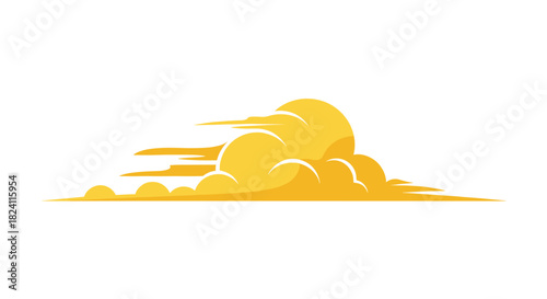Stylized flat design illustration of dynamic yellow and orange clouds with a prominent circular sun, depicting movement across a bright sky.
