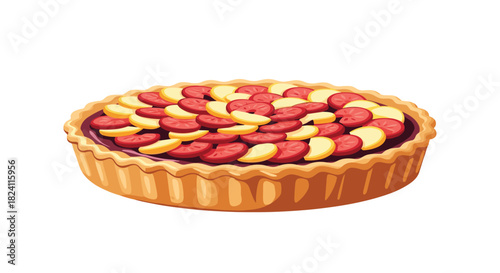 A colorful, round fruit tart with a golden-brown fluted crust, generously topped with an appealing pattern of red and yellow fruit slices on a dark filling.