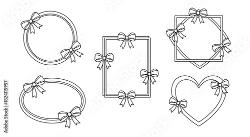 Collection of outline frames in assorted shapes like circle, oval, rectangle, square, and heart, adorned with decorative bows.