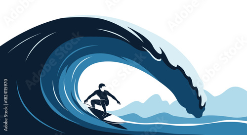 A stylized illustration of a surfer expertly riding a massive, curling blue ocean wave, capturing the thrill and dynamics of surfing.