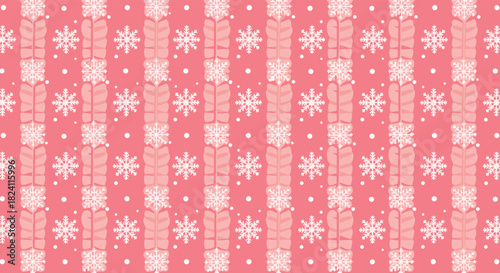 A festive winter seamless pattern featuring white snowflakes and vertical knitted stripes on a cozy pink background, perfect for holiday designs.