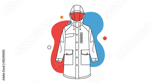 Detailed line art illustration of a stylish parka jacket with a vibrant orange hood lining, set against abstract colorful shapes.