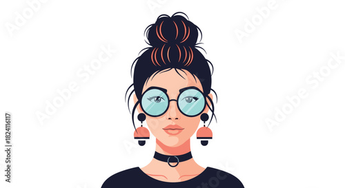 A stylish young woman with a messy bun hairstyle, round glasses, and trendy earrings, wearing a choker and a dark top, looking forward.