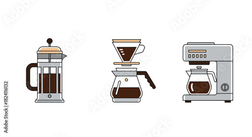 Three distinct coffee brewing methods are illustrated side-by-side, showcasing a French press, pour-over, and automatic drip machine with brewed coffee.