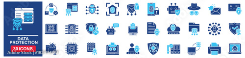 Data protection Web Icon Set in Blue style Flat. vector illustration concept relate to protect, protection, design, key, icon, phone, computer, mobile, laptop, cyberspace