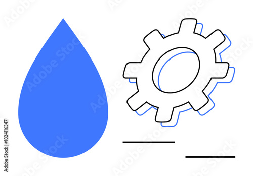 Blue water droplet next to an outlined gear cog, symbolizing synergy of nature and technology. Ideal for innovation, sustainability, engineering, water management, industrial processes, eco-concepts