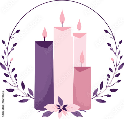 Adobe Three pastel candles in wreath with floral accentsIllustrator Artwork