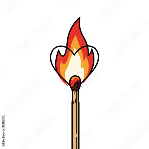 Burning matchstick with heart-shaped flame, romance and passion symbol in love concept