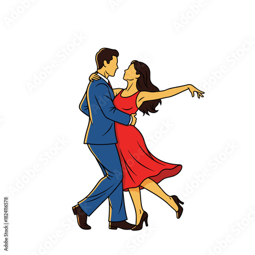 Couple dancing elegantly, ballroom dance and romantic movement illustration