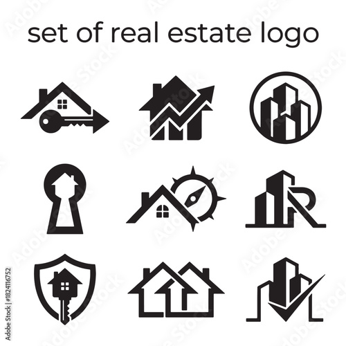 Comprehensive vector set of nine diverse real estate logo designs featuring house, home, and property concepts, ideal for modern building agency branding and security solutions as icon elements.