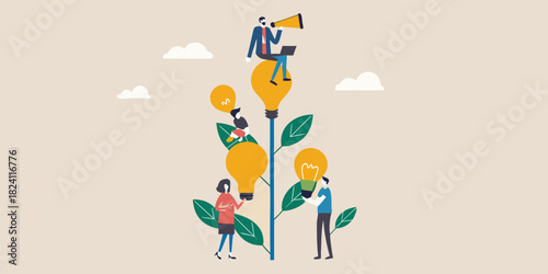 Teamwork and innovation growing ideas with lightbulbs and people