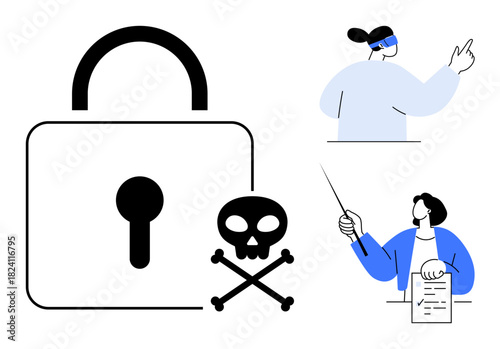Padlock and skull symbol represent data protection and cyber threats. Individuals illustrate education and responsibility. Ideal for cybersecurity, privacy, safety, awareness, education