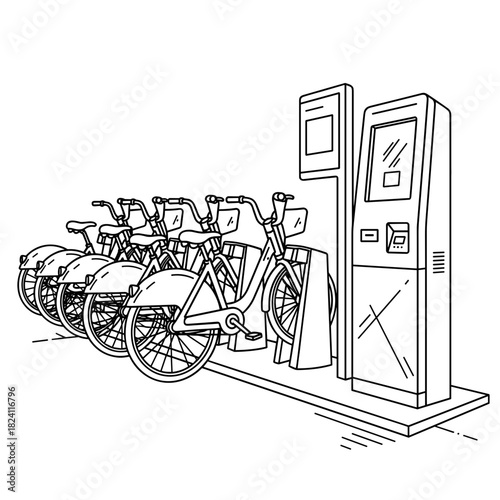 Bicycle rental station with bikes and digital kiosk, urban mobility and sustainable transportation