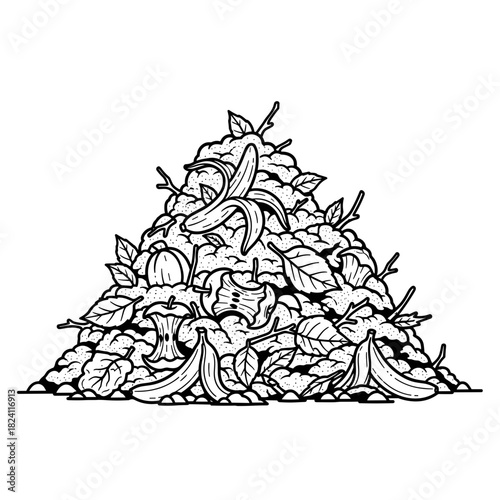 Compost pile with food waste and leaves, sustainability and organic recycling in environmental conservation