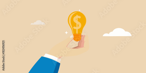 Hand holding a lightbulb with a dollar sign symbolizing a profitable idea