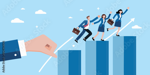 Business professionals climbing growth chart with helping hand