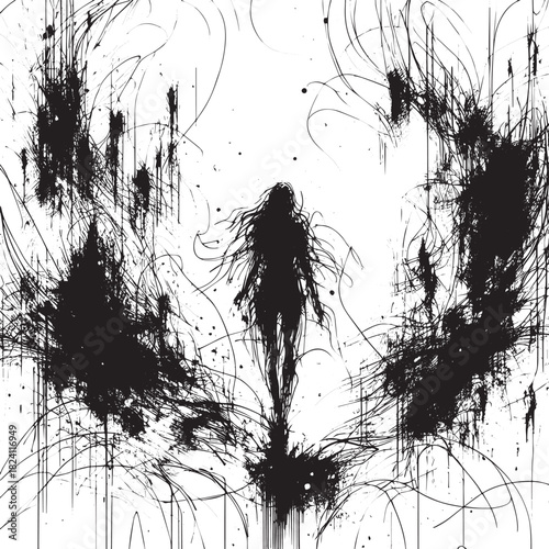 Ethereal figure emerging from abstract ink blots, creating a dre