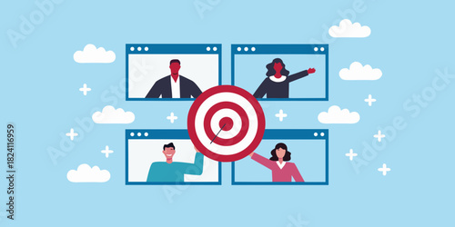 Diverse team collaborating on a shared goal with a target in the center