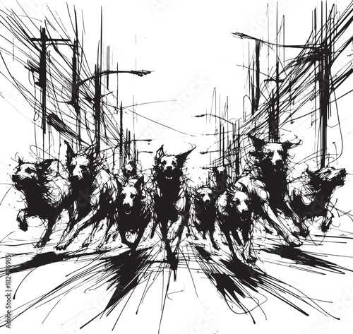 Monochrome canine frenzy dash on silent cityscape with sketchy e