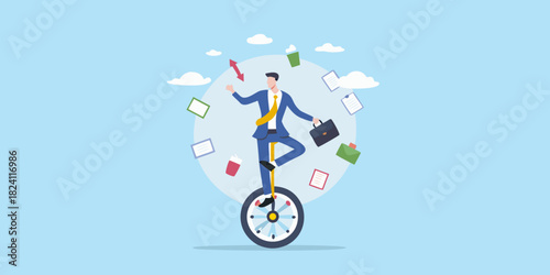 Businessman skillfully balancing work tasks on a unicycle