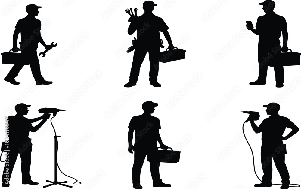 Obraz premium Worker silhouette, tool pose, black graphic, vector illustration, maintenance gesture, technical stance, toolbox icon, drill action, repair figure, tradesWorker silhouette, tool pose, black graphic, 