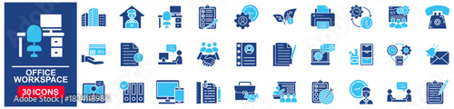 Office workspace set of web icons in Blue style Flat. vector illustration concept relate to workplace, business, table, outline, schedule, meeting