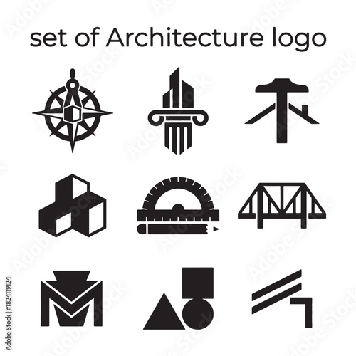 This professional architecture logo set offers diverse geometric design icons, illustrating construction and engineering concepts, all in a scalable vector format for branding.