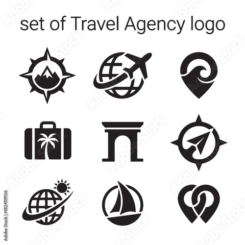 High-quality vector travel agency logos and icons collection, representing diverse global vacation destinations for thrilling adventure tours.