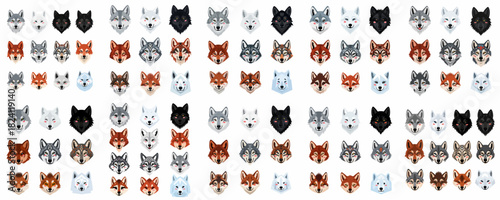 Collection of stylized cartoon wolf and fox faces, vector illustrations featuring different fur colors, artistic designs, and expressions.
