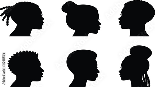 Hair silhouette, profile diversity, black graphic, vector illustration, hairstyle icon, braid bun curl, cultural texture, beauty figure, style poseHair silhouette, profile diversity, black graphic