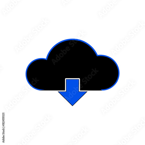 Black cloud with a blue download arrow icon on transparent background