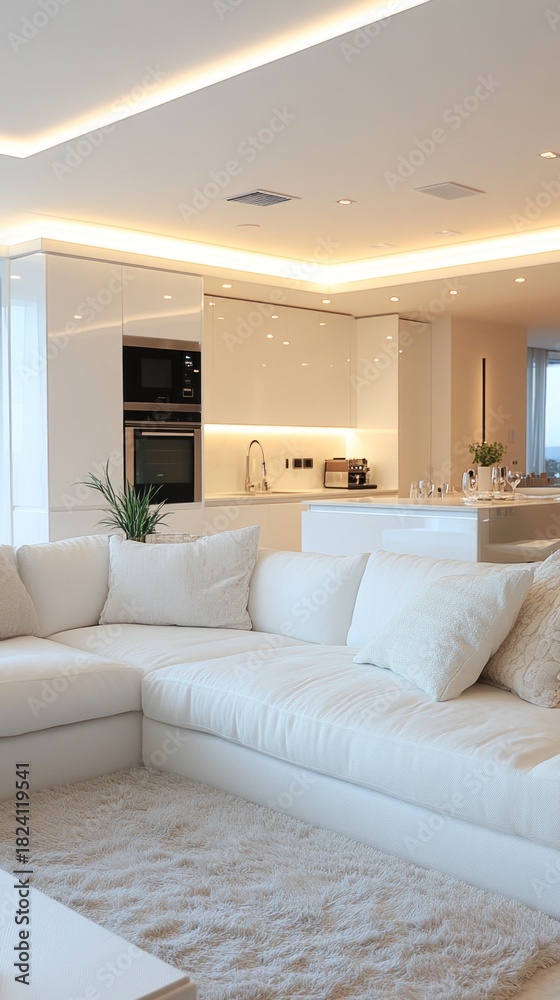 Fototapeta premium The bright interior with a spacious kitchen and soft sofa creates a cosy atmosphere, ideal for the main backdrop in residential design.