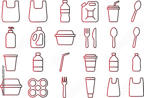 Collection of various single use plastic item outline icons representing common disposable packaging and utensil waste, isolated on white background