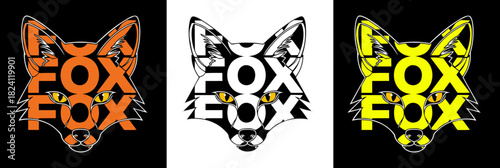 Stylized fox head vector design formed from overlapping text "FOX" in three color variations, Isolates on contrasting removable background. For prints, t-shirts, posters