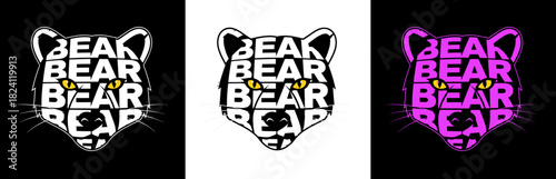Stylized polar bear's head vector design formed from overlapping text "BEAR" in three color variations, Isolates on contrasting removable background. For prints, t-shirts, posters