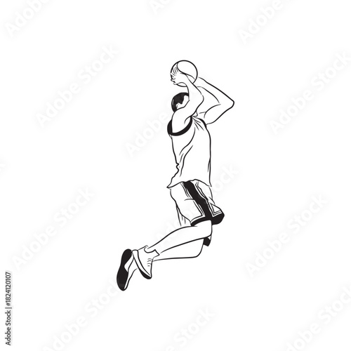 This vector shows a basketball player jumping high while holding the ball above his head, capturing energy, motion, strength, and dynamic action.