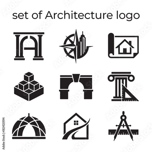 Comprehensive Vector Architecture Logo Icons Set for Building, Construction, and Real Estate Design, ideal for Blueprint Engineering Projects.