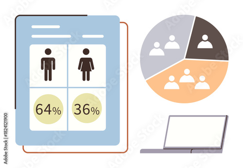 Data sheet showing male and female percentages, pie chart of group segmentation, laptop for analysis. Ideal for demographics, stats, data insights, research, analytics business education. Simple