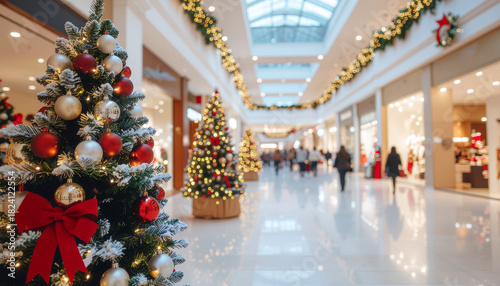 Christmas Shopping Mall Interior with Festive Lights and Decorations — Retail Holiday Photography