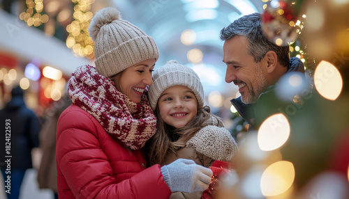 Family Shopping in Christmas Mall — Multi-Generational Holiday Shopping Photography