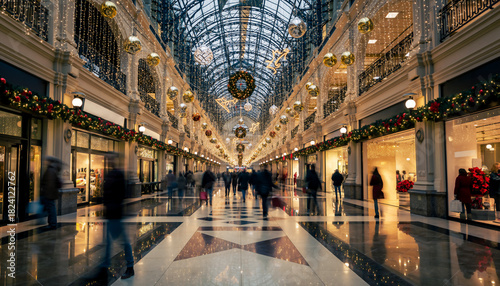 Christmas Shopping Mall Interior with Festive Lights and Decorations — Retail Holiday Photography