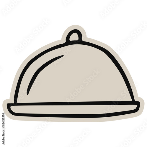 Hand-drawn doodle illustration of a platter with a dome food cover (cloche), ideal for digital scrapbook, collage, cut-out, dining, catering, restaurant, luxury, and paper craft design.