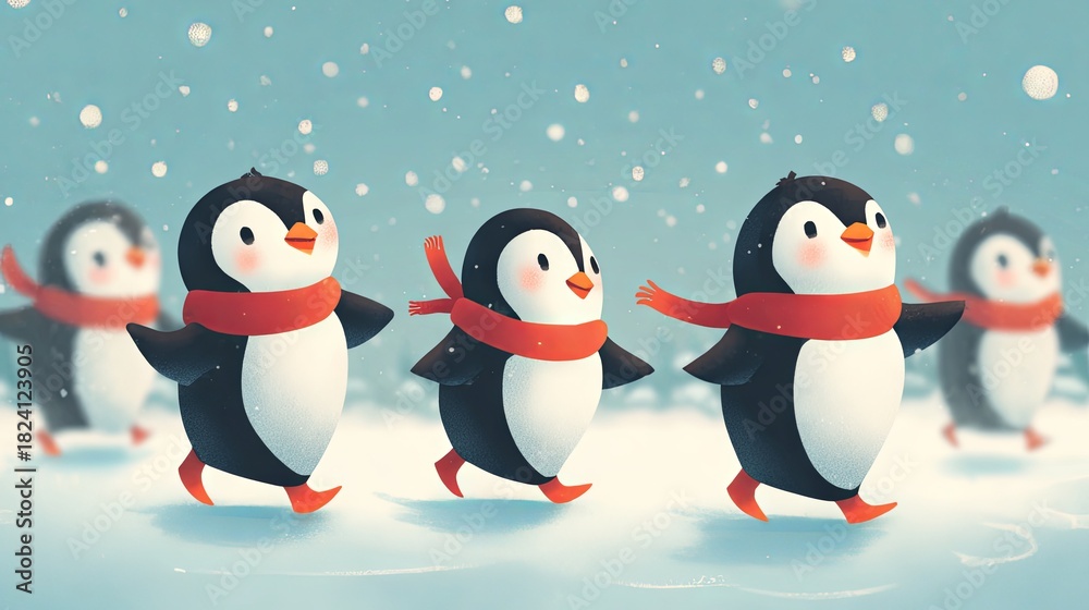 Obraz premium A playful, cartoon-style image showing cute penguins gliding across the ice against a joyful Christmas-themed backdrop 