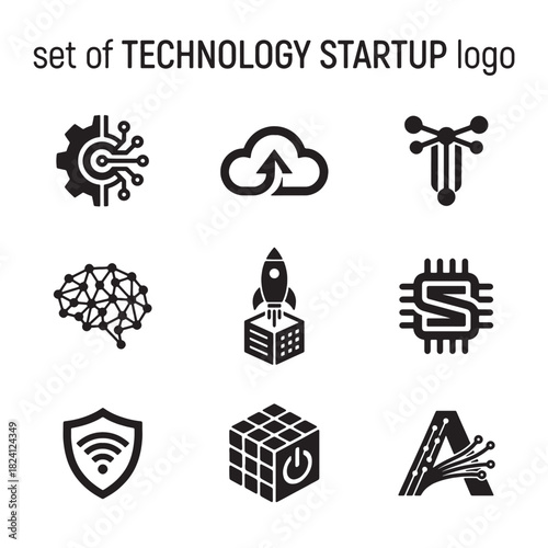 Modern vector set of technology startup logo icons for digital business innovation and network solutions, featuring clean black and white composition.