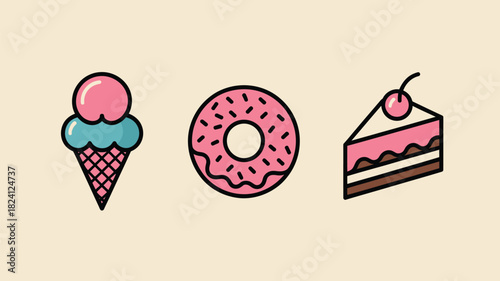 A cartoon style image showing an ice cream cone a donut and a slice of cake on a light beige background