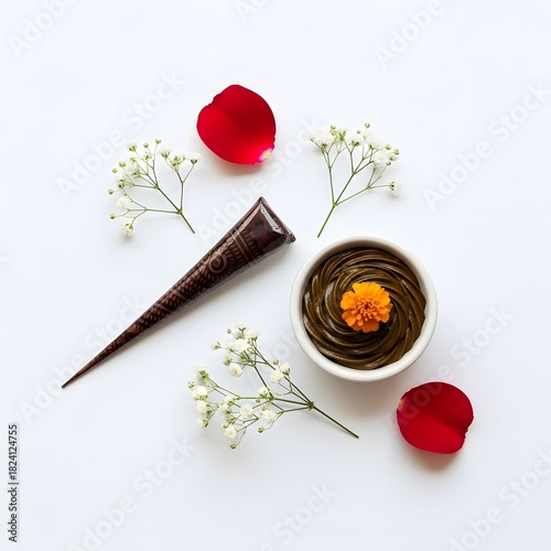 Henna paste cone with flowers for mehndi art on white