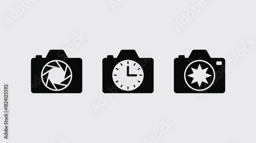 Three camera icons in black with different symbols inside on a light gray background in a horizontal row