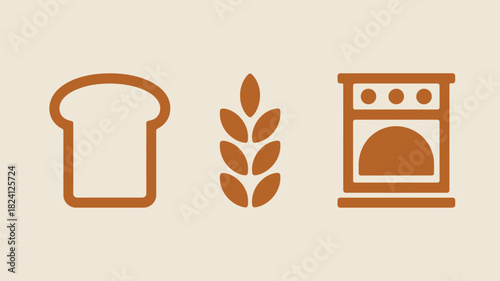 A simple illustration showing a slice of bread wheat and an oven in a minimal style brown color scheme